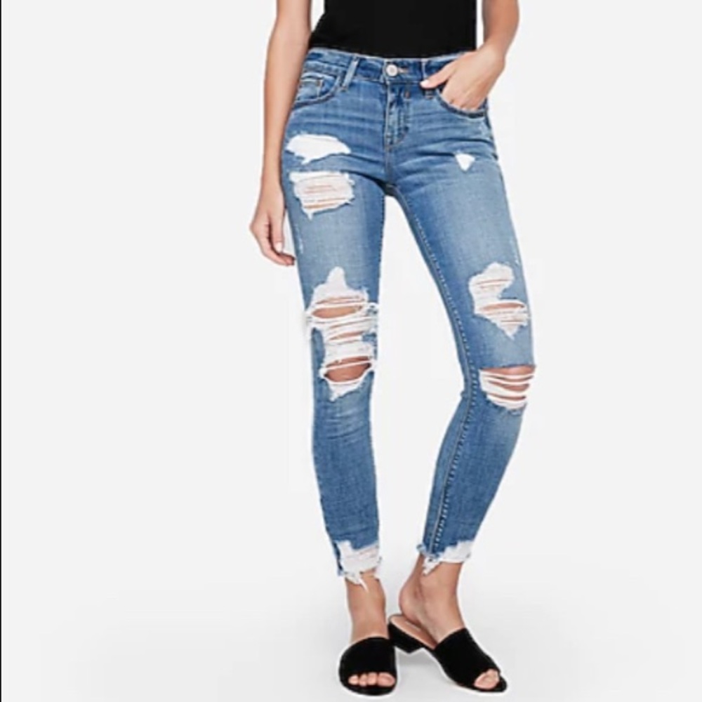 Express medium wash ripped ankle leggings